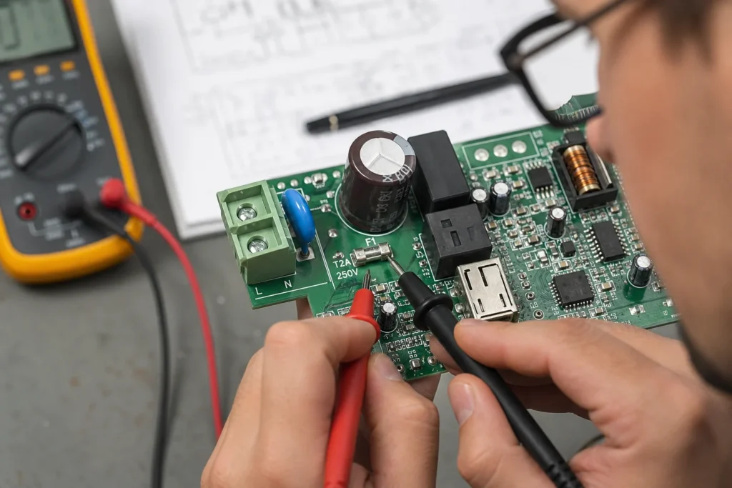 Choosing an SMT Fuse Means Matching Fault Energy, Inrush, and Rework Reality 4 Engineer reviewing a PCB power-entry section with a surface-mount fuse and nearby protection components