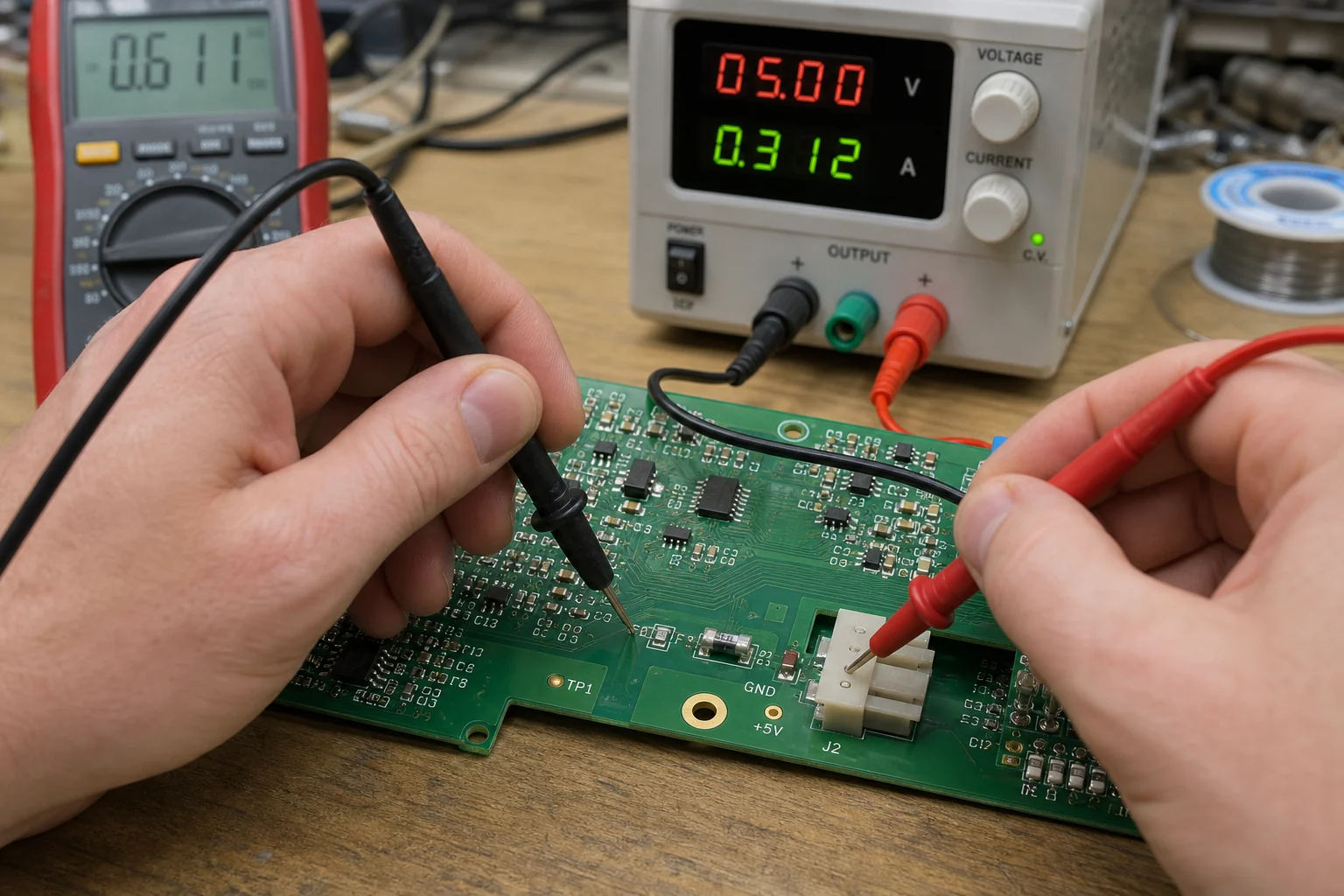 How to Choose an SMT Fuse Without Creating a New Failure Point 1 Technician probes a PCB while checking a surface-mount fuse near the power connector.