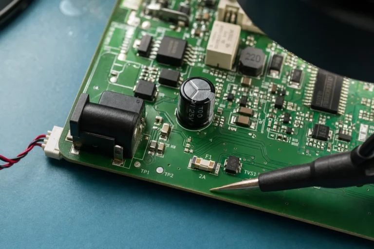 Close-up of an SMT fuse placed near a PCB power input with nearby protection components and probe tip.