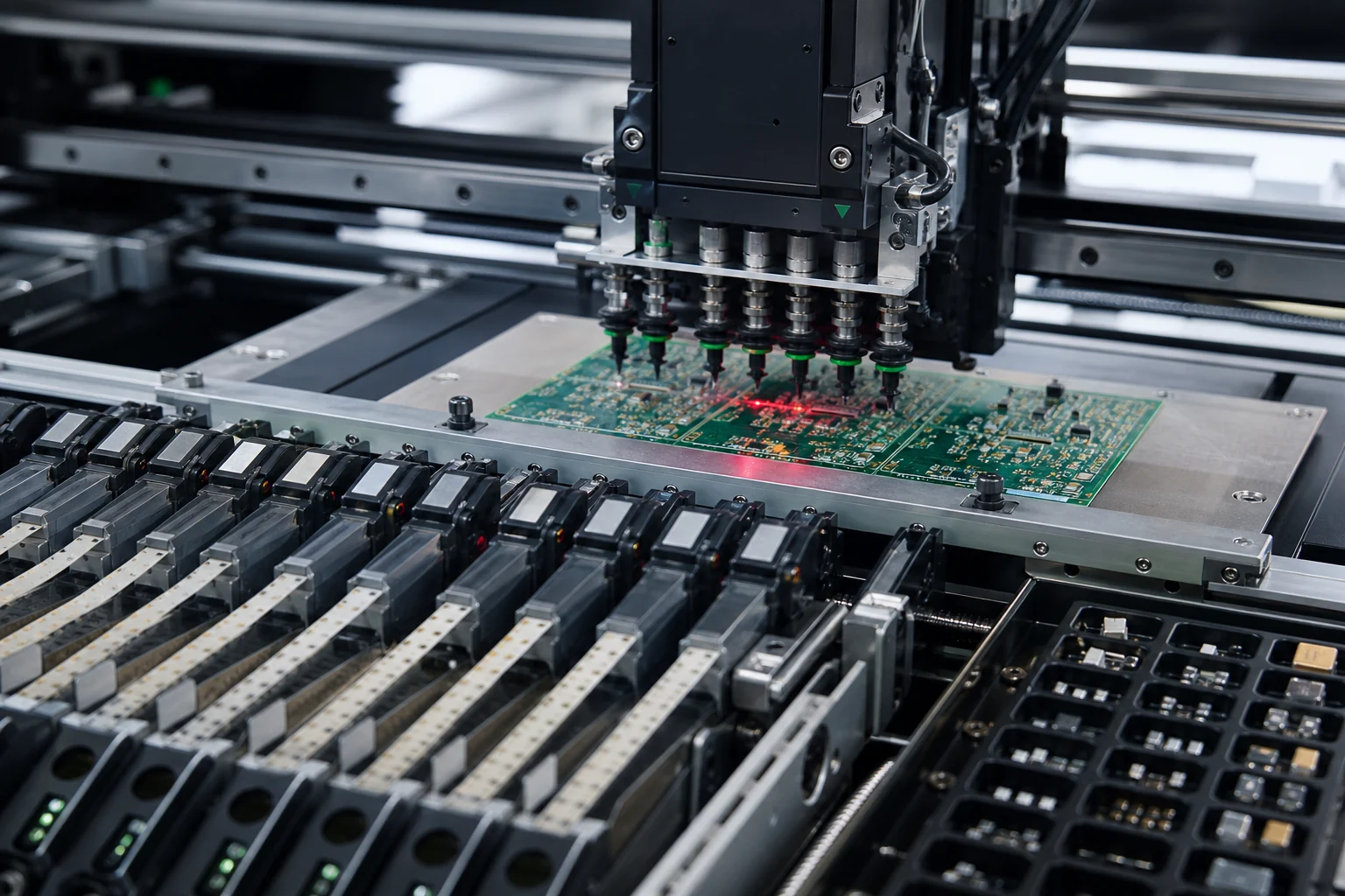 Why the SMT Pick-and-Place Process Depends on Better Data Than Machine Speed Alone 1 Close-up of feeder banks and a pick-and-place head aligning over a PCB panel during SMT production