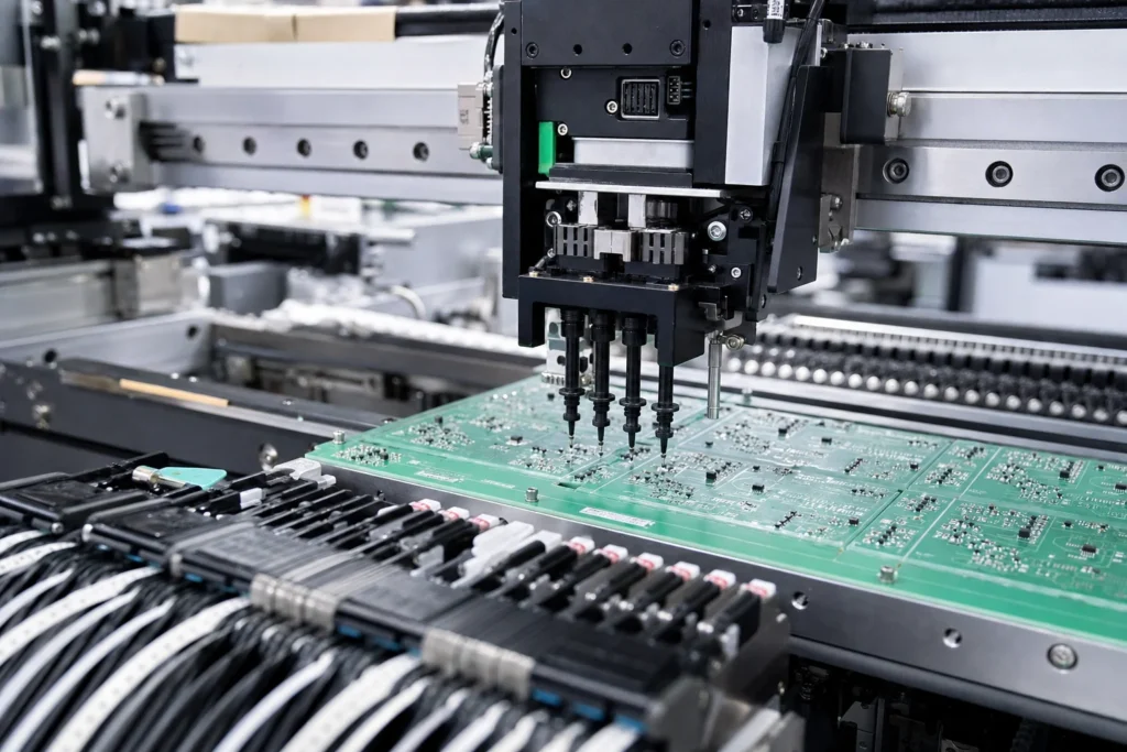 Pick-and-place machine head placing small components onto a solder-pasted PCB panel in an SMT line