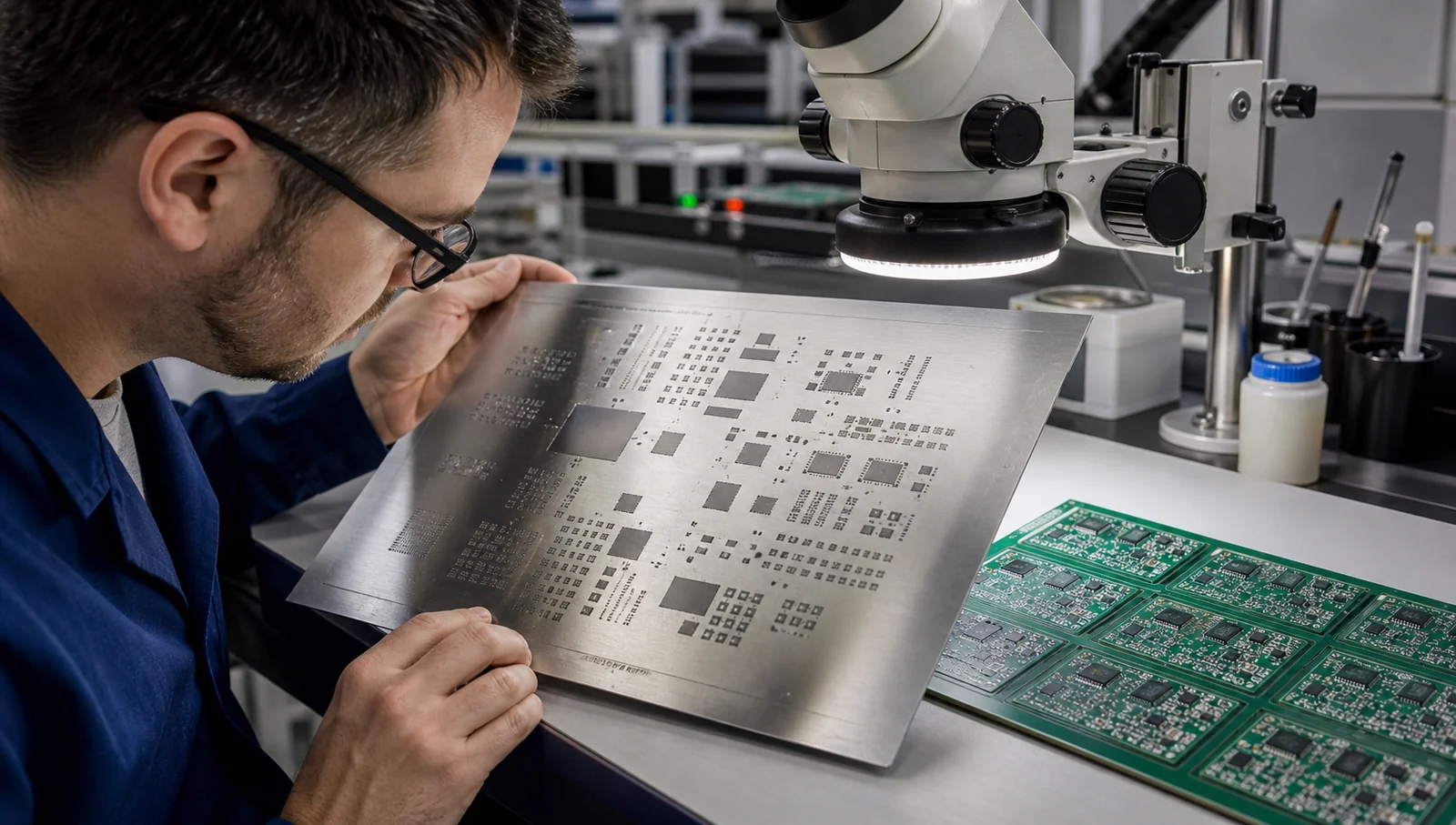 Technician inspecting an SMT stencil under magnification beside PCB panels before production release.