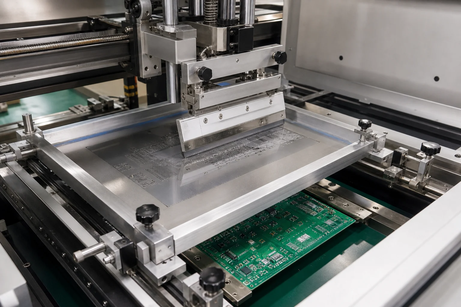 SMT stencil printing machine aligning a stencil over a PCB panel before solder paste deposition.