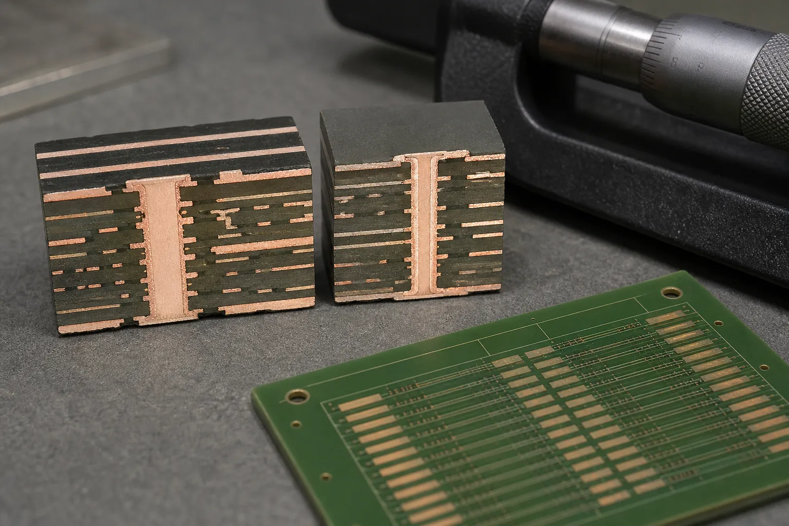 PCB cross-section coupons beside an impedance test board during multilayer stackup inspection