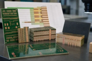 Multilayer PCB coupons and sample boards arranged for standard stackup review on a fabrication desk