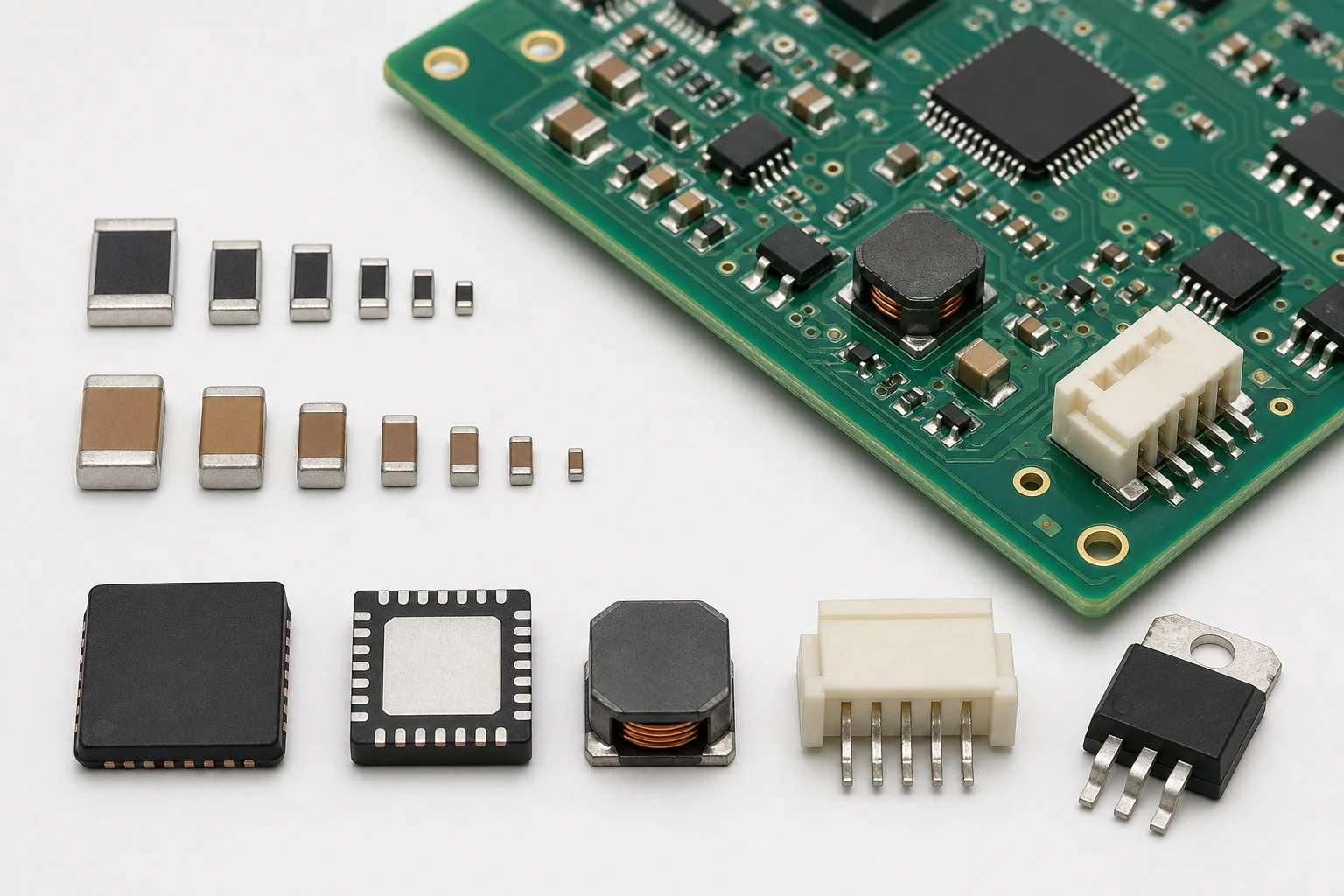 What Are Surface Mount Components and Why Do Their Packages Change Assembly Risk? 1 Technical graphic comparing resistors, capacitors, QFN ICs, connectors, and power parts used as surface mount components on a PCB