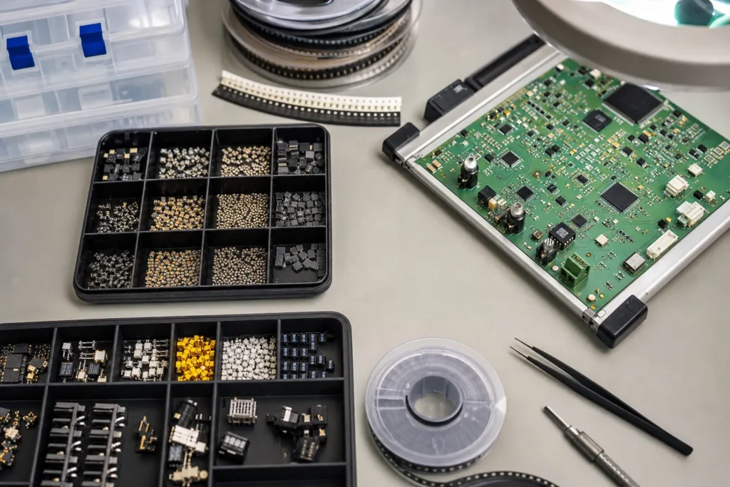 What Are Surface Mount Components and Why Do Their Packages Change Assembly Risk? 1 Engineer reviewing trays of surface mount components beside a partially assembled PCB and package notes
