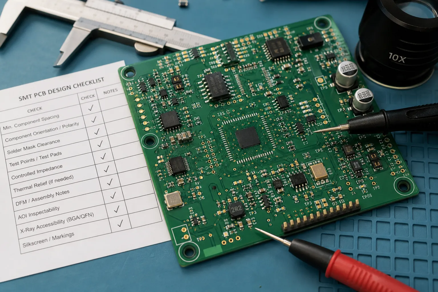 Surface Mount PCB Layout Choices That Decide Yield, Inspection, and Rework 1 Close-up of a surface mount PCB with probes, checklist, and visible test pads during design inspection