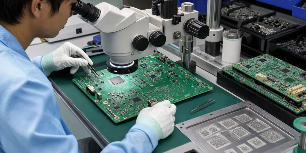 Engineer inspecting a dense surface mount PCB under a microscope before SMT assembly release