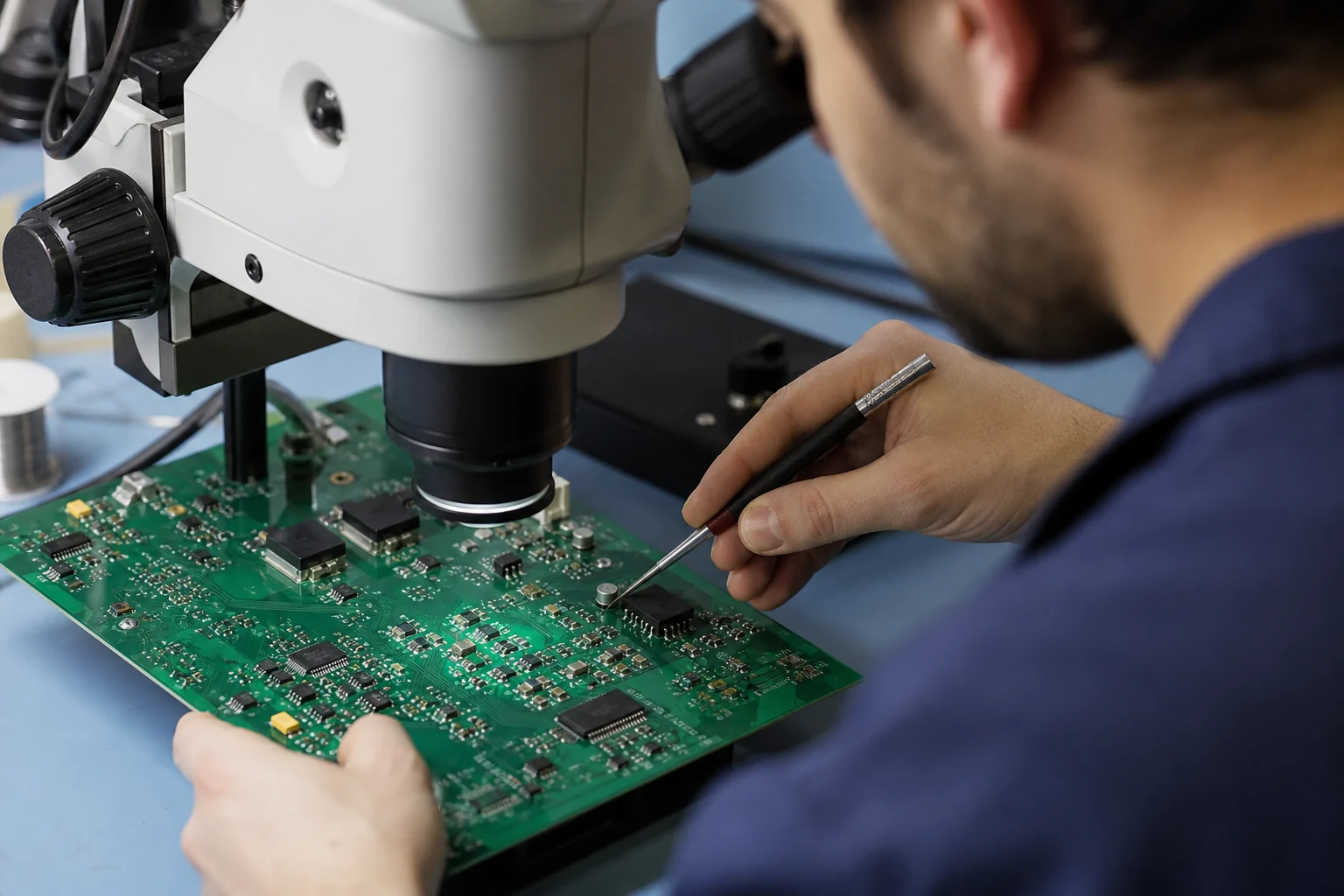 Surface Mount Resistors Fail Quietly When the Package Choice Is Wrong 1 Technician inspecting chip resistor placement and solder joints on a populated printed circuit board under magnification.