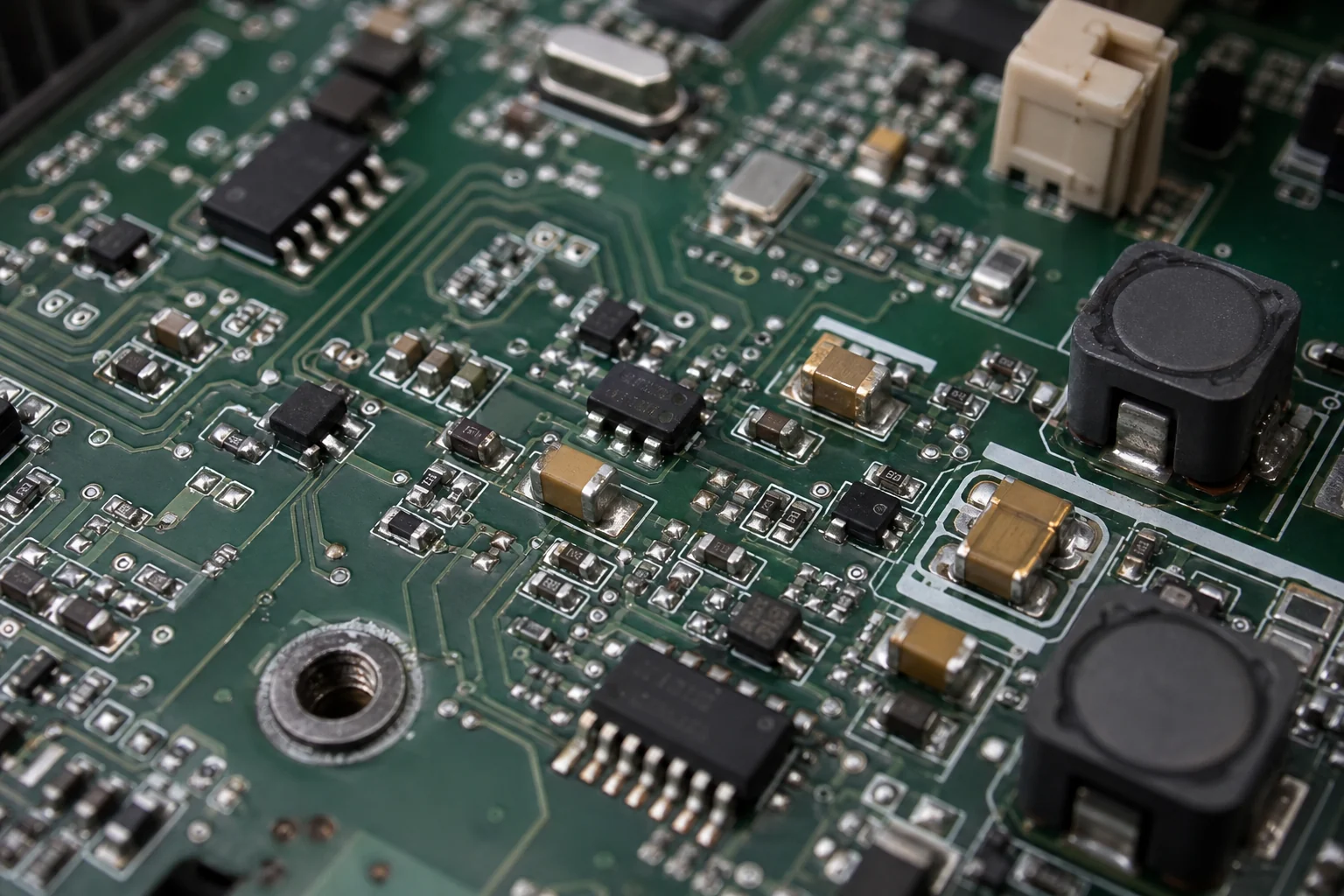 Close-up of multiple surface mount resistors soldered on a densely populated PCB near analog and power circuitry.