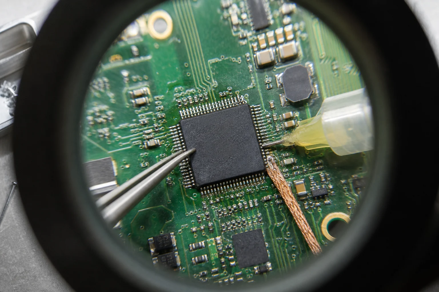Technician inspecting a fine-pitch SMT rework area with flux, solder wick, and tweezers under magnification