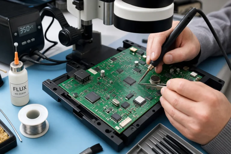 Technician hand-soldering a surface mount IC on a populated PCB under bench magnification