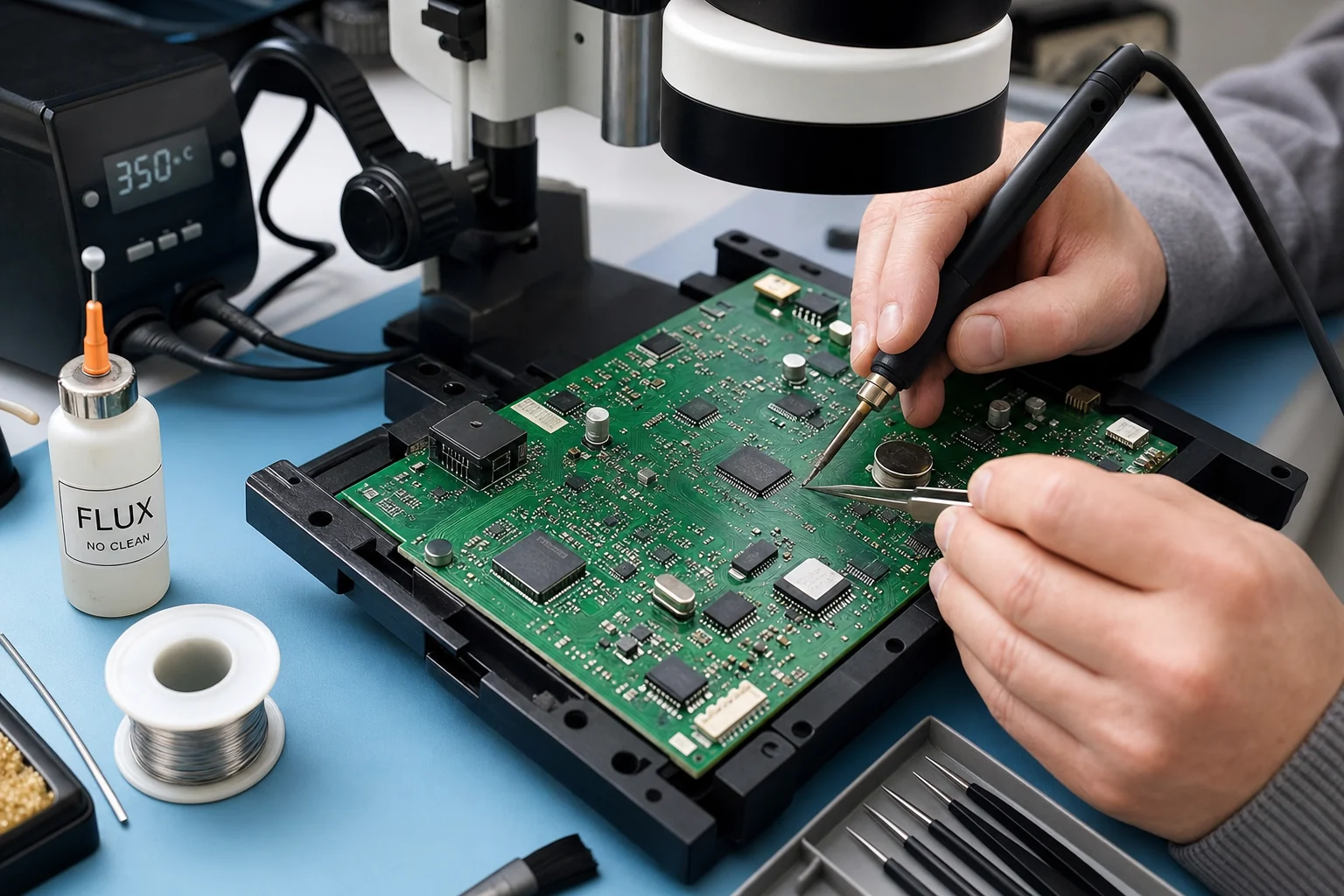 Technician hand-soldering a surface mount IC on a populated PCB under bench magnification