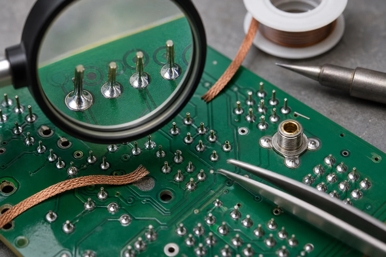 Through-Hole Soldering Tricks That Prevent Lifted Pads and Weak Barrels 1 Close-up inspection of through-hole solder joints, plated barrels, solder wick, and tweezers on a PCB underside