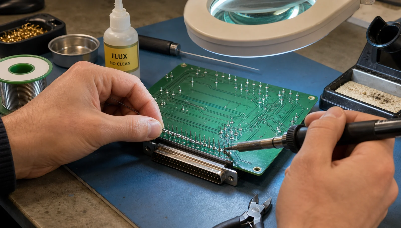 Technician soldering through-hole connector pins on a PCB with controlled iron angle and inspection lighting