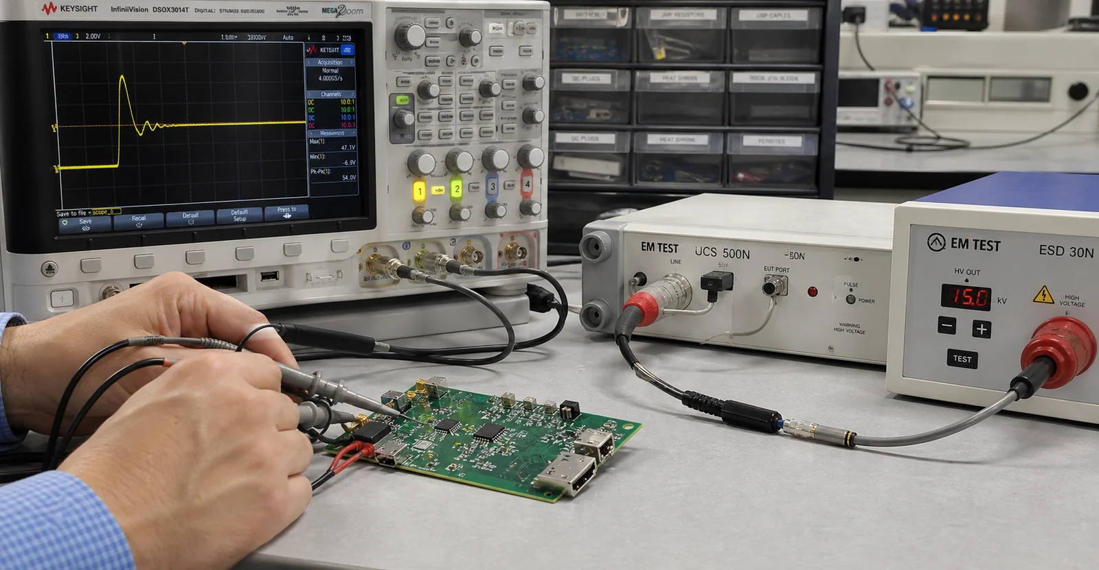Engineer validating TVS diode clamp behavior on a PCB with an oscilloscope and transient test setup.