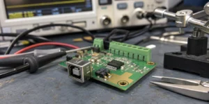 TVS suppressor diode array placed next to a PCB connector to clamp transient energy before it reaches downstream circuitry.