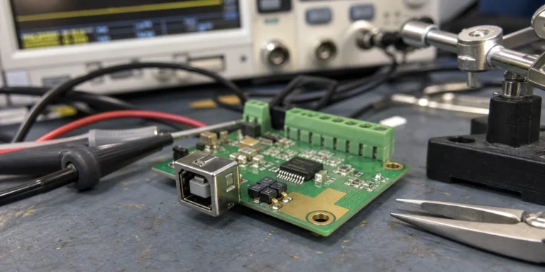 TVS suppressor diode array placed next to a PCB connector to clamp transient energy before it reaches downstream circuitry.
