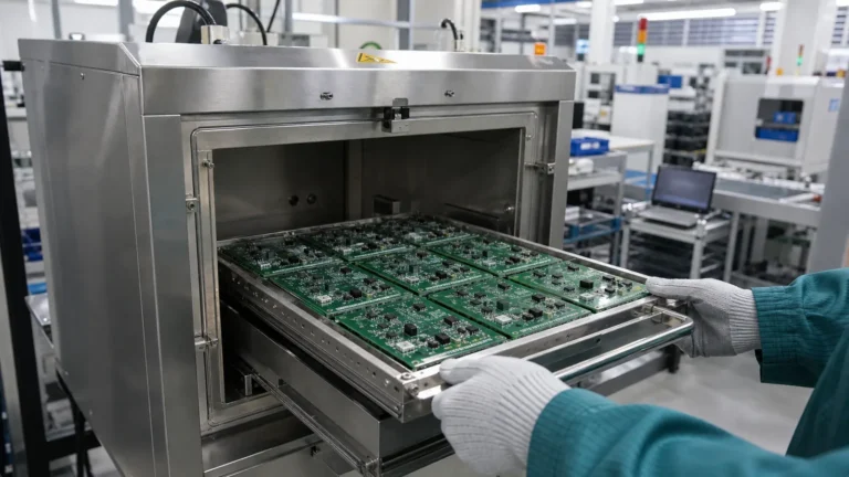 Technician loading assembled PCB panels into a stainless vapor phase reflow chamber