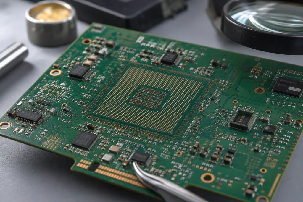 Dense PCB with fine-pitch BGA pad field showing via-in-pad routing under engineering inspection
