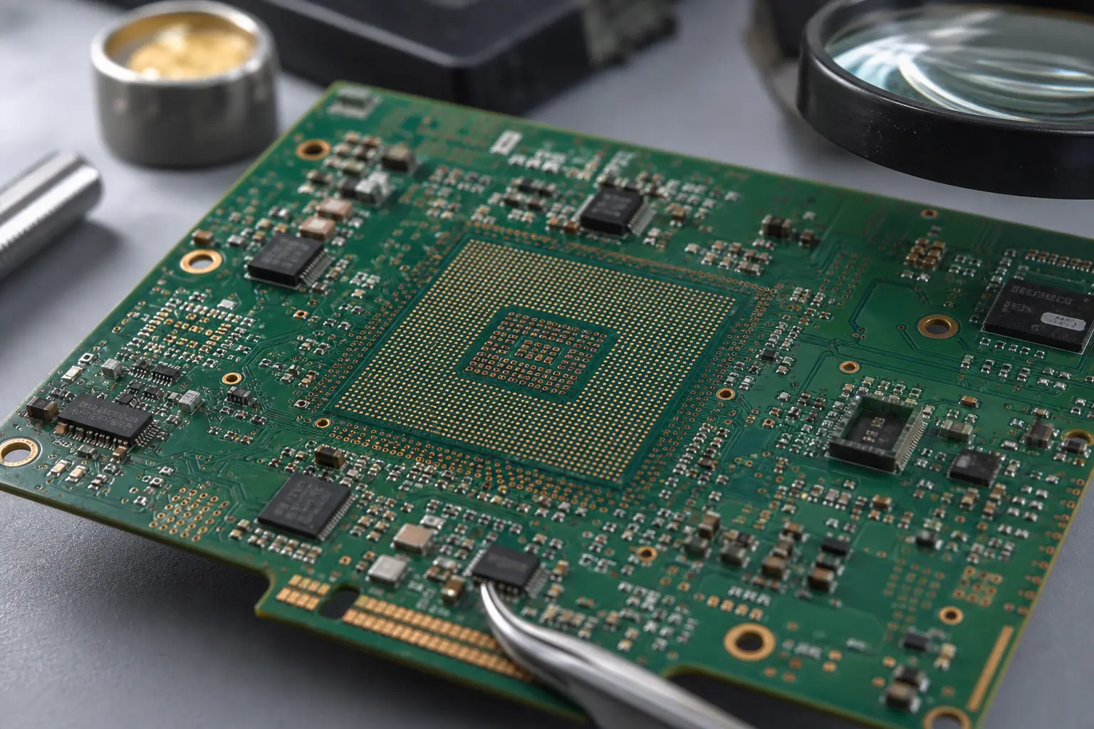 Dense PCB with fine-pitch BGA pad field showing via-in-pad routing under engineering inspection