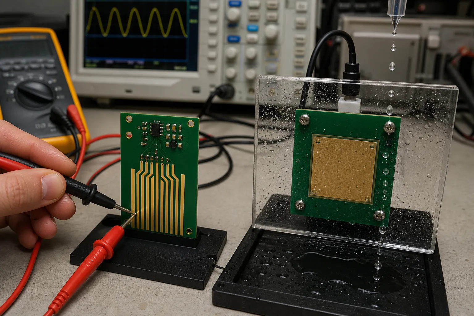 Bench test setup comparing a probe-style water leak sensor PCB and a non-contact capacitive leak sensor strip near a controlled drip tray.