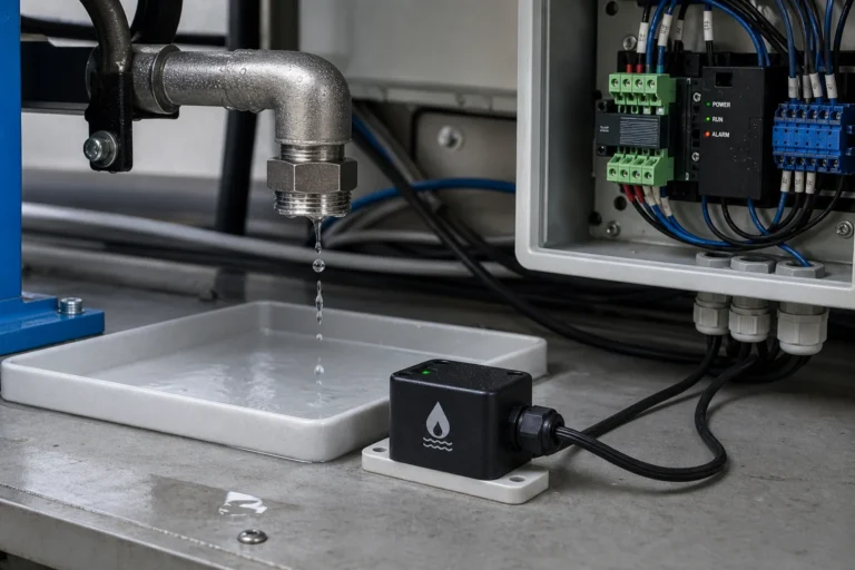 Water leak sensor placed beside a condensate tray under a dripping pipe near an industrial control box.