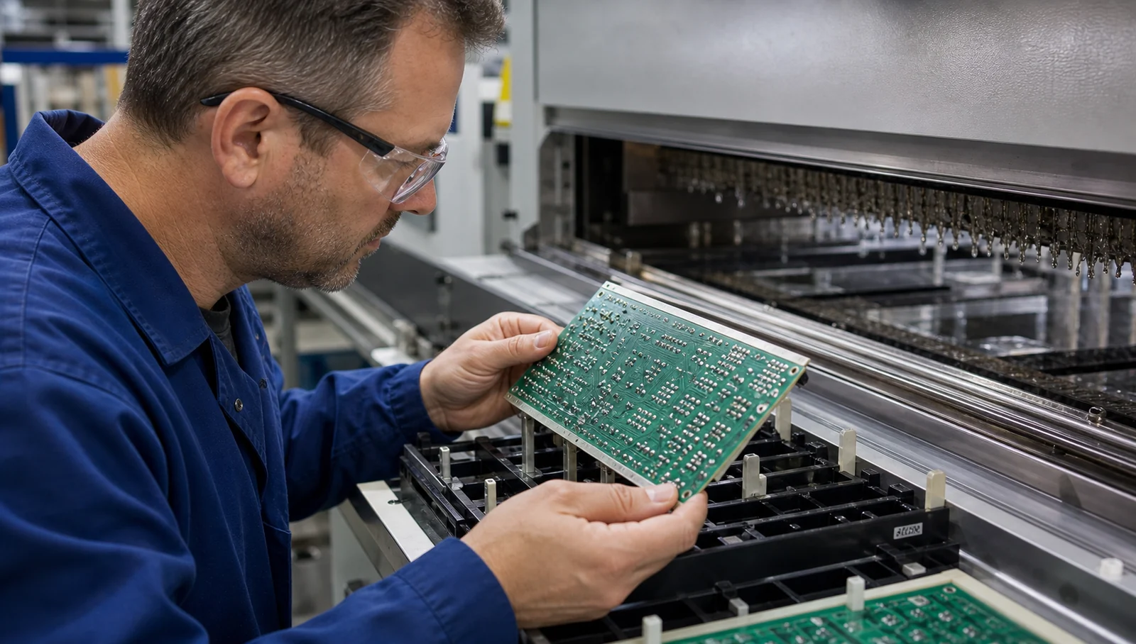 When a Wave Soldering Machine Still Makes Sense for Through-Hole Production 1 Technician inspecting through-hole solder joints after wave soldering