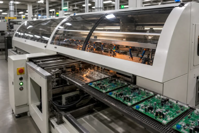 Wave soldering machine processing a through-hole PCB assembly on conveyor