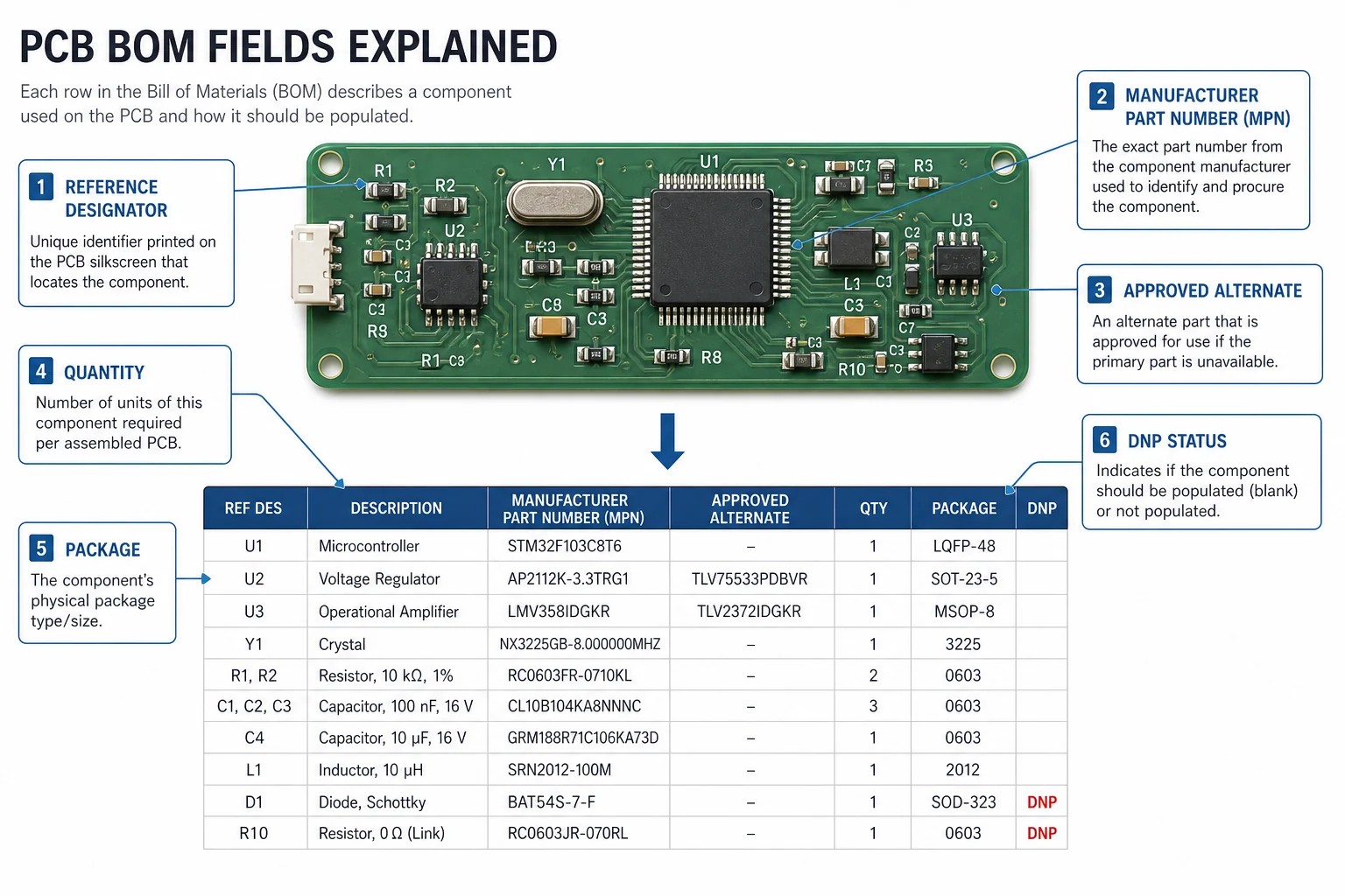 What a BOM Really Means Once Purchasing and Assembly Need the Same Truth 1 Technical graphic showing PCB BOM fields such as reference designators, manufacturer part numbers, approved alternates, and DNP markers