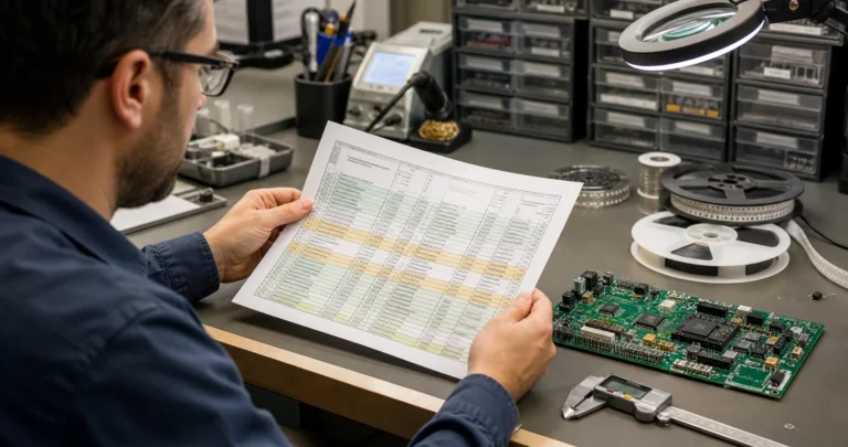 Engineer reviewing a PCB bill of materials with part numbers, approved alternates, and assembly notes beside a populated board