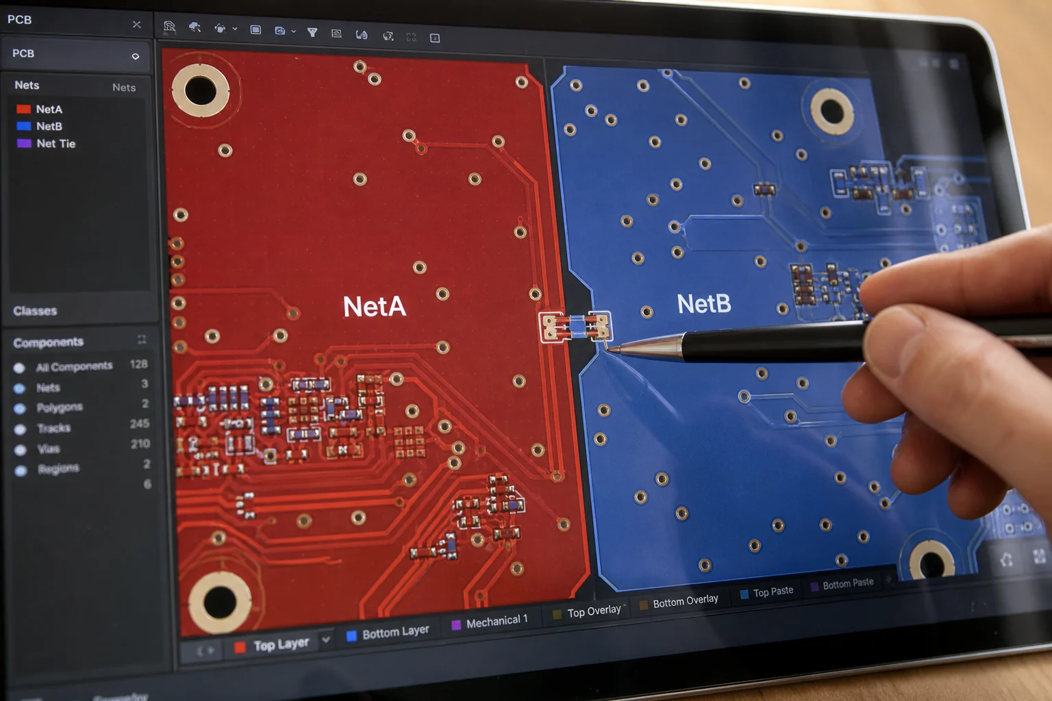 An Altium Net Tie Should Solve One Controlled Short, Not Hide a Routing Mess 1 Engineer reviewing an Altium PCB layout with a compact net tie joining two separately named nets.