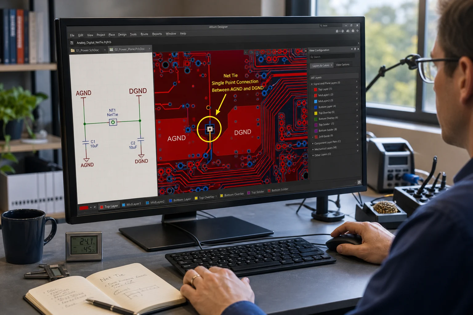 Engineer reviewing an Altium PCB layout where a net tie joins two separately named nets at one controlled location.