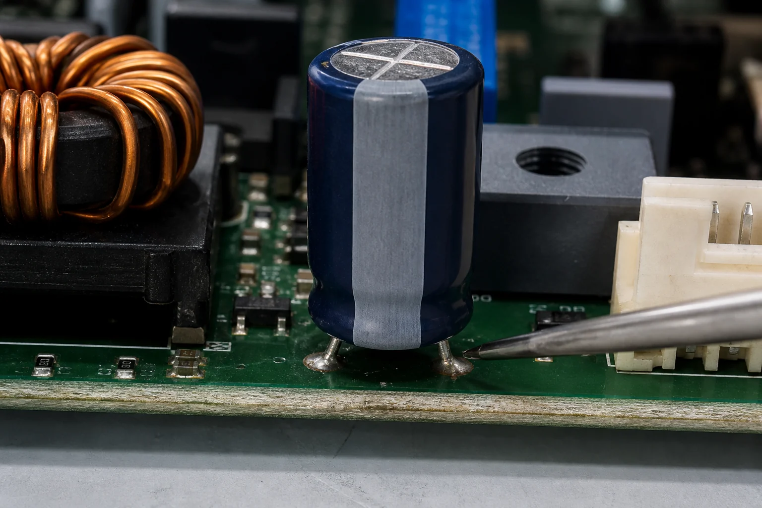 Close-up inspection of an electrolytic capacitor beside a DC converter section on a populated PCB