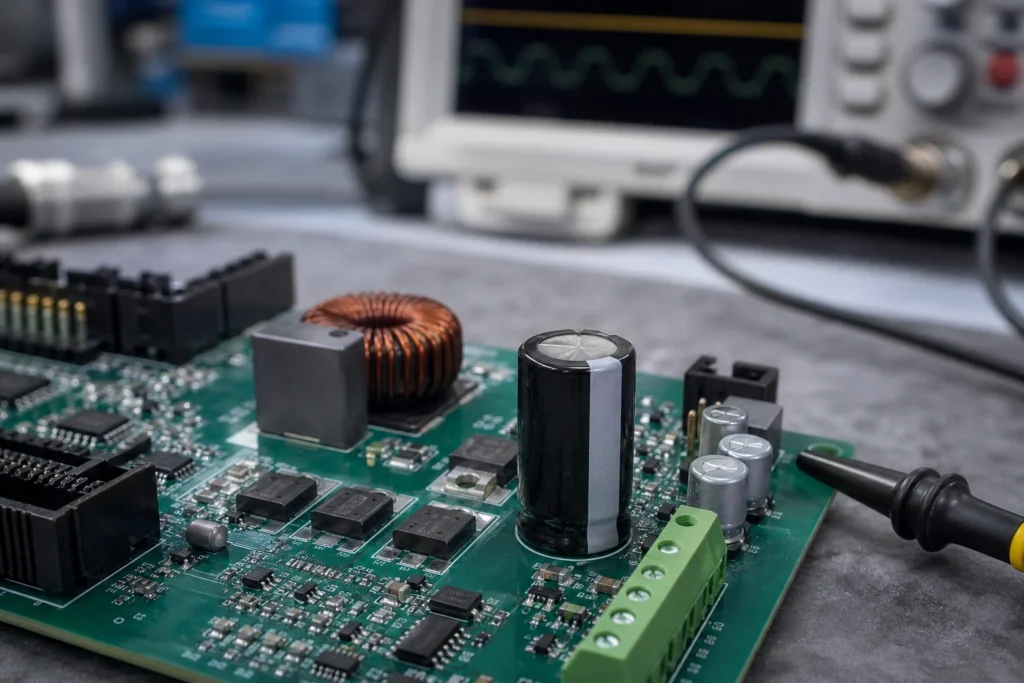 Electrolytic capacitor on a PCB power stage beside an inductor and power connector