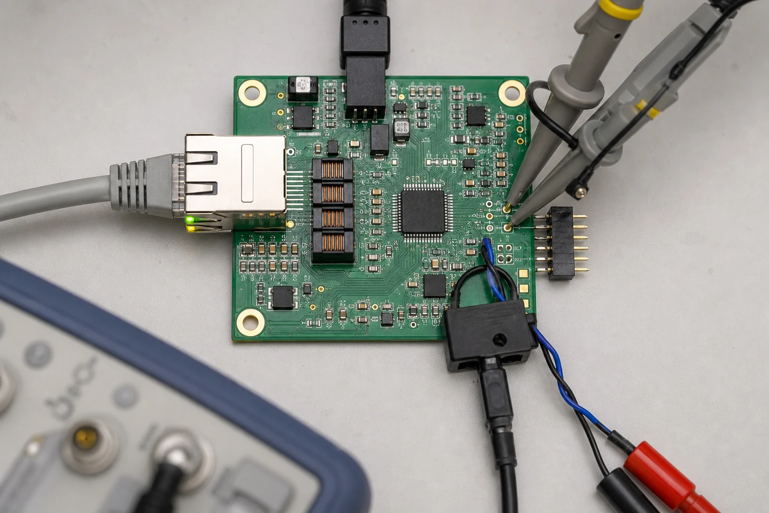 Energy Efficient Ethernet Helps Only When the PHY, Magnetics, and Firmware Agree 1 Top-down view of an Ethernet PCB with RJ45 connector, magnetics, probes, and current measurement connections during validation