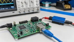 Ethernet PHY test board with magnetics, RJ45 connector, current measurement equipment, and Ethernet cable on an engineering bench