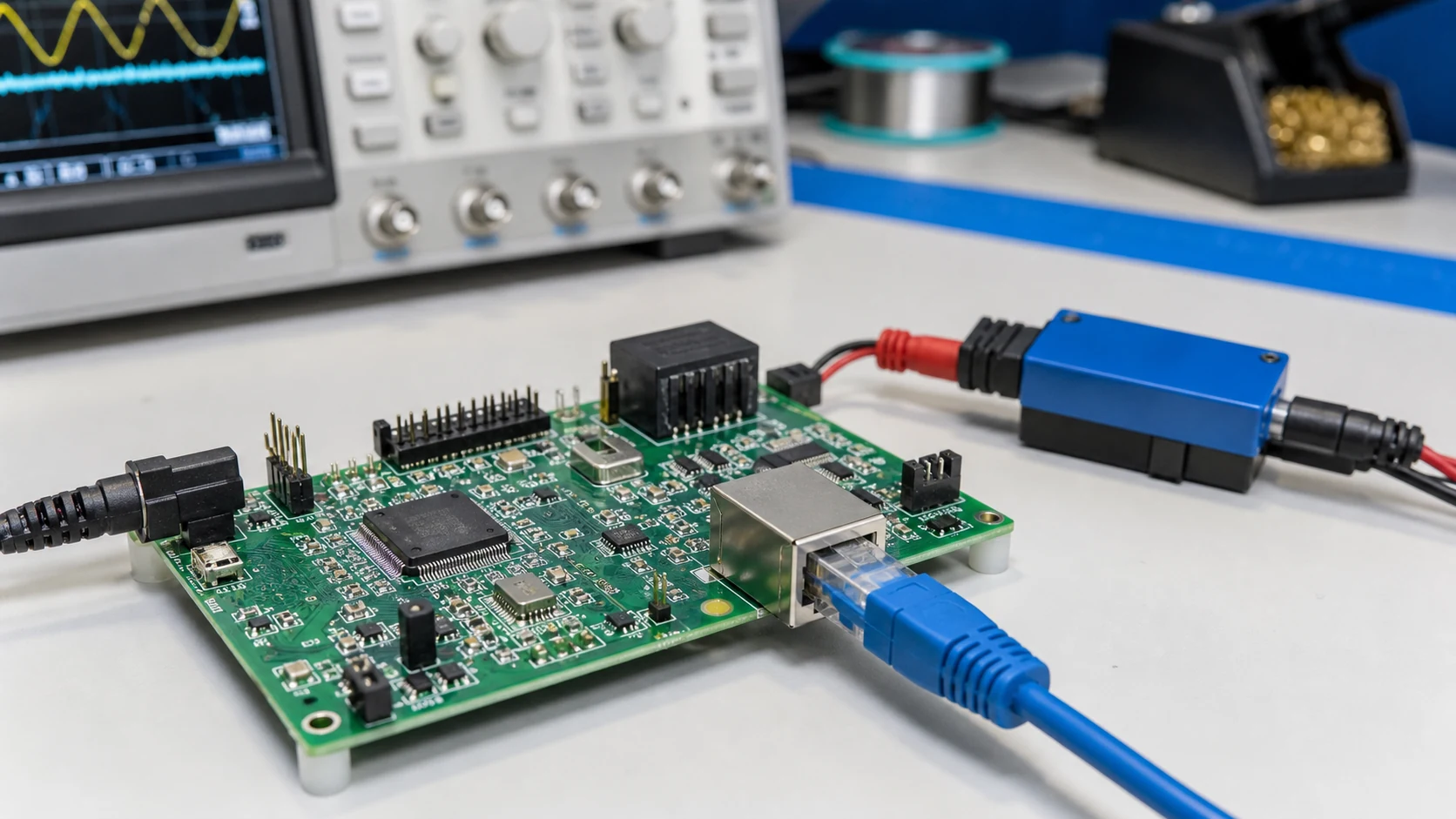 Ethernet PHY test board with magnetics, RJ45 connector, current measurement equipment, and Ethernet cable on an engineering bench