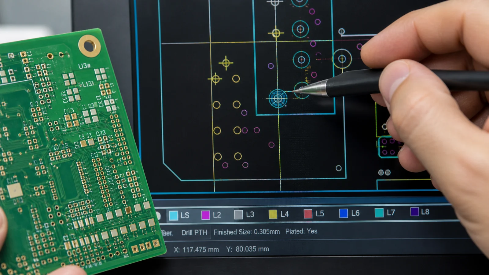 Close technical review of PCB layer alignment, drill features, and release-package checks before fabrication
