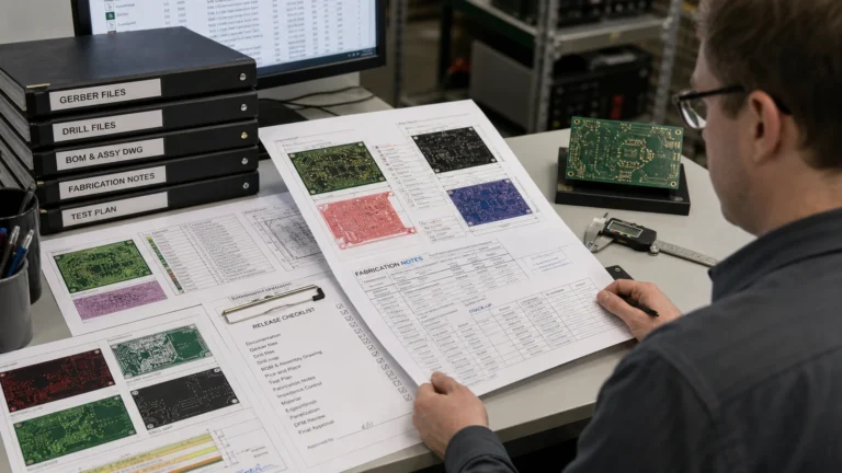 Engineer reviewing PCB release files, fabrication notes, and layer outputs before manufacturing handoff