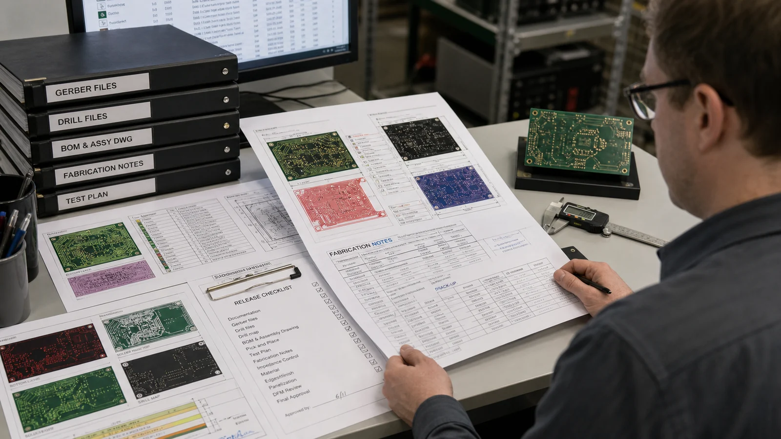Engineer reviewing PCB release files, fabrication notes, and layer outputs before manufacturing handoff