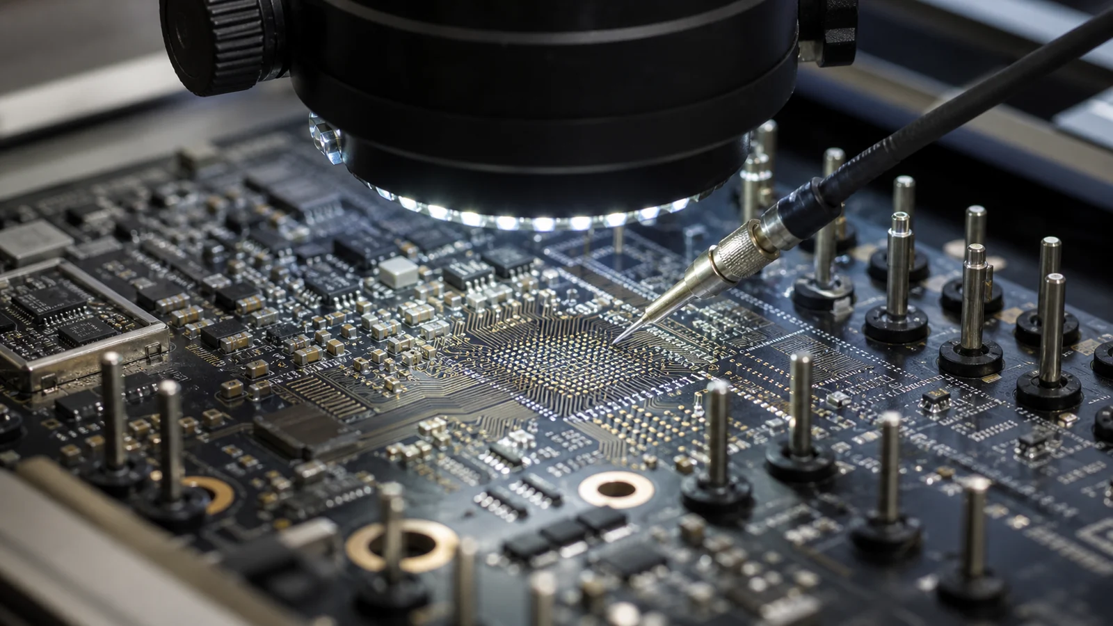 What Raises HDI PCB Cost Before the Supplier Even Quotes It 1 Close-up of an HDI PCB under inspection with dense microvia fields, fixture points, and test probes visible