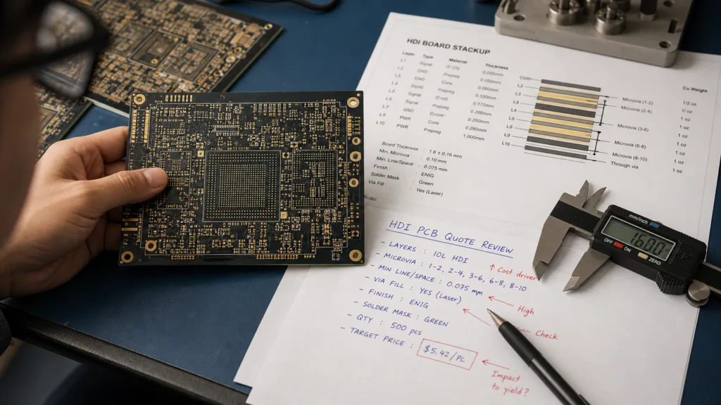 What Raises HDI PCB Cost Before the Supplier Even Quotes It 4 Engineer reviewing an HDI PCB sample, stackup printout, and quote notes on a workbench