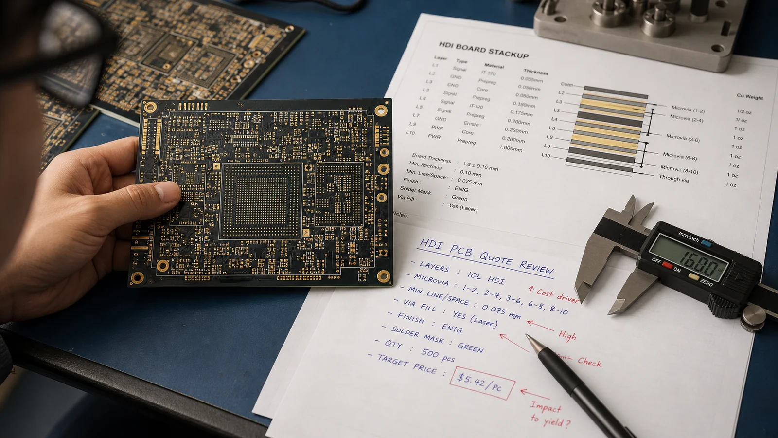 Engineer reviewing an HDI PCB sample, stackup printout, and quote notes on a workbench