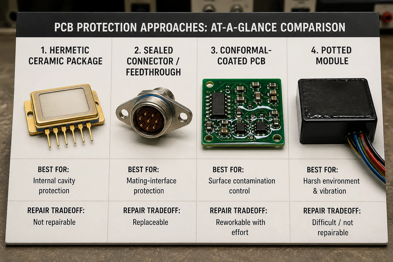 Decision comparison for hermetically sealed components, conformal coating, sealed connectors, and potting in harsh-environment PCB designs
