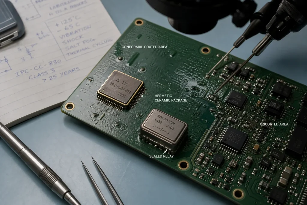Hermetically sealed ceramic package and sealed relay on a harsh-environment PCB under inspection lighting