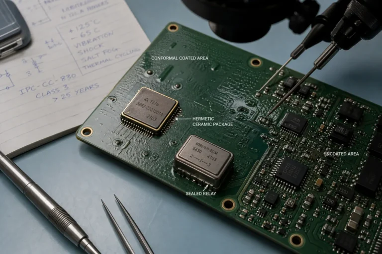 Hermetically sealed ceramic package and sealed relay on a harsh-environment PCB under inspection lighting