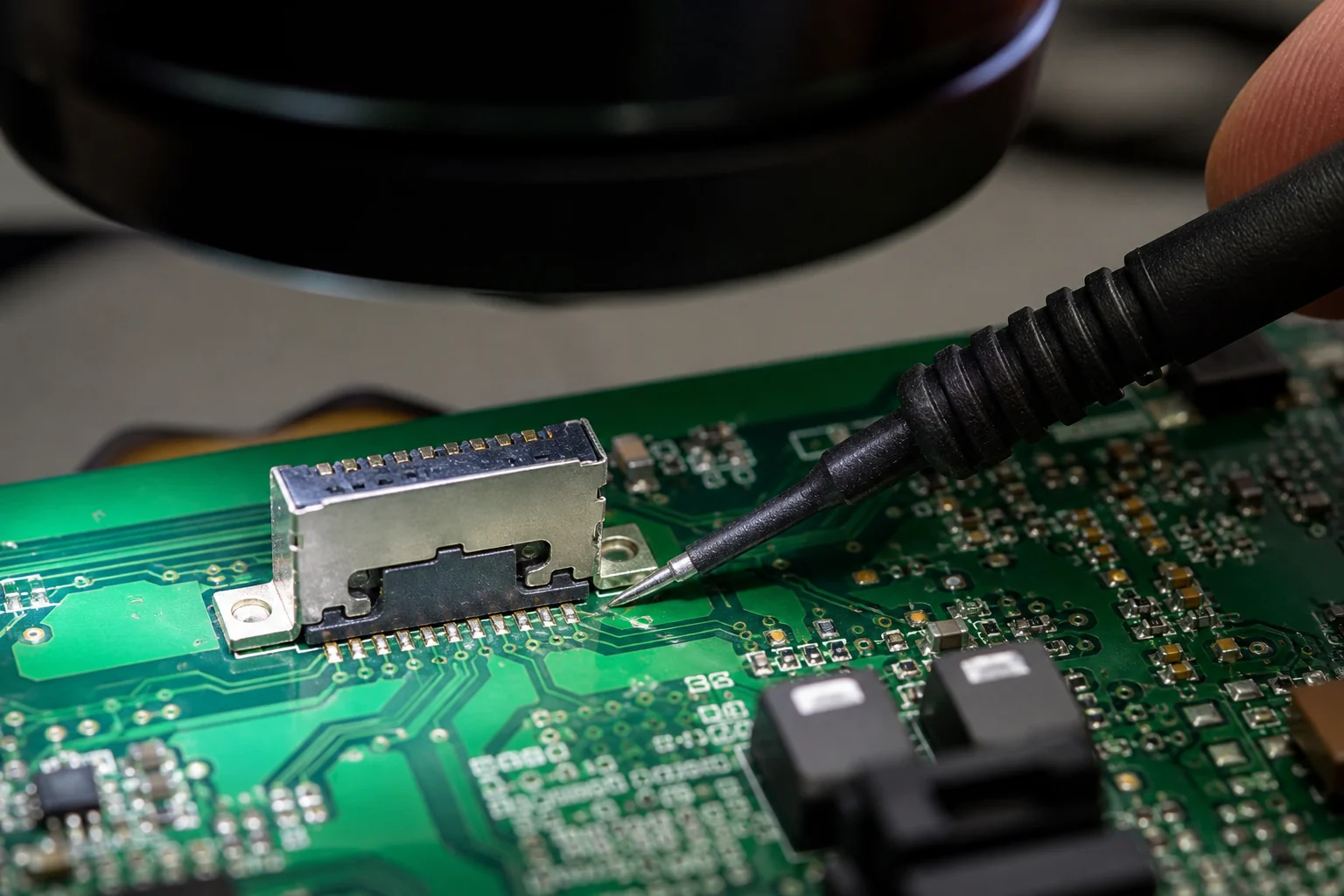 Impedance Mismatch on a PCB Usually Starts at the Transition, Not the Trace 1 Engineer probing a high-speed PCB transition while inspecting mismatch-sensitive pads and return paths.