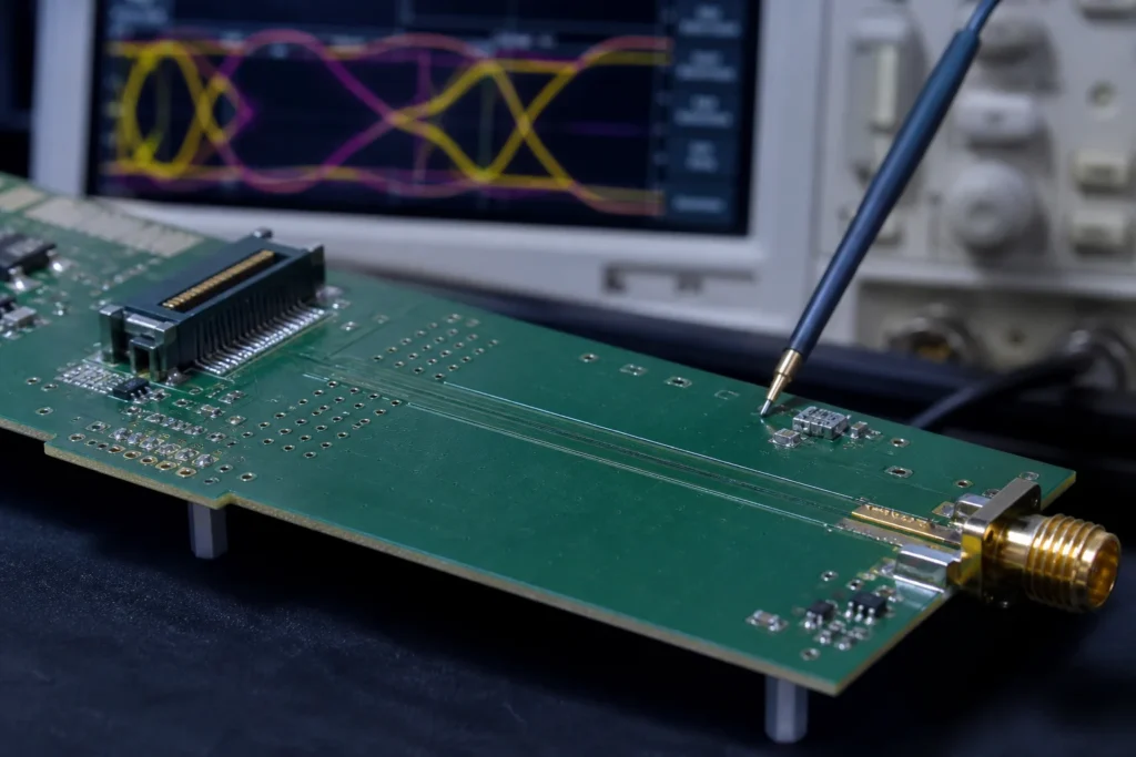 High-speed PCB with connector launch, transition geometry, and oscilloscope context for impedance mismatch troubleshooting.